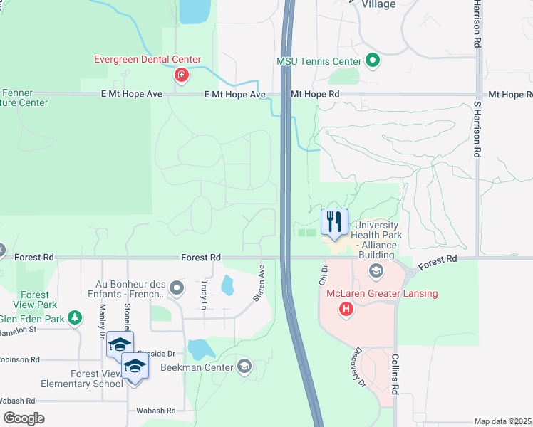 map of restaurants, bars, coffee shops, grocery stores, and more near 3127 Forest Road in Lansing