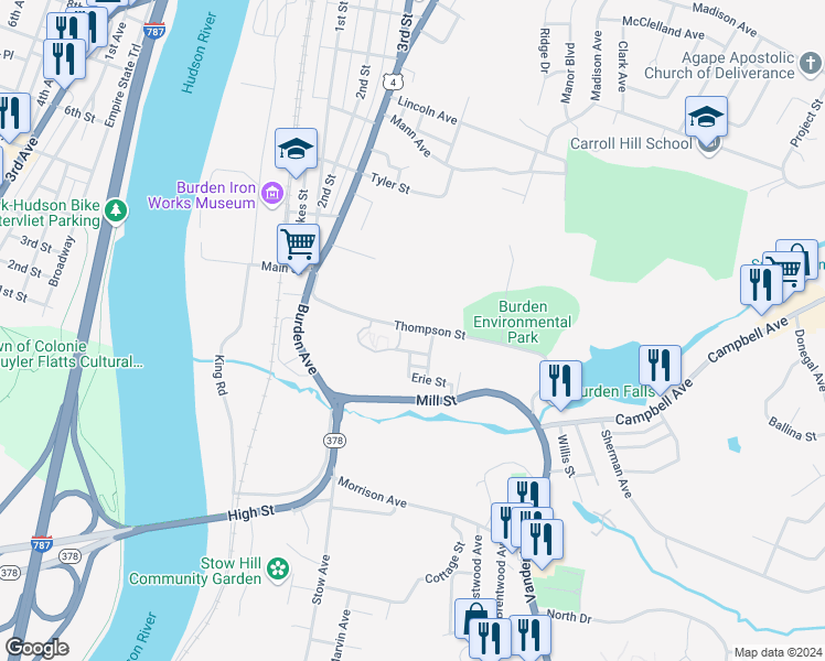 map of restaurants, bars, coffee shops, grocery stores, and more near 54 Thompson Street in Troy