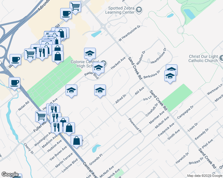 map of restaurants, bars, coffee shops, grocery stores, and more near 40 Donna Drive in Albany