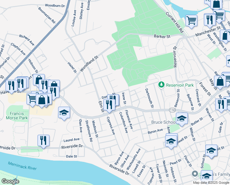 map of restaurants, bars, coffee shops, grocery stores, and more near 188 Dawes Street in Lawrence