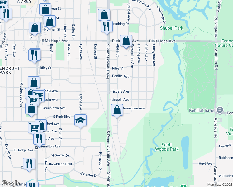map of restaurants, bars, coffee shops, grocery stores, and more near 1020 Tisdale Avenue in Lansing