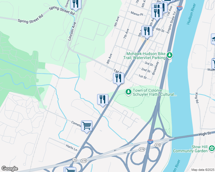 map of restaurants, bars, coffee shops, grocery stores, and more near 30 Earl Drive in Albany