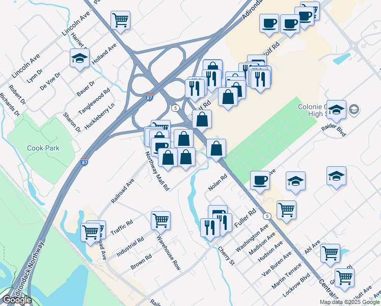 map of restaurants, bars, coffee shops, grocery stores, and more near Northway Mall Road in Albany