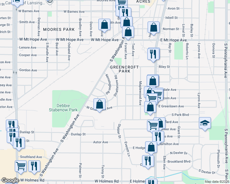map of restaurants, bars, coffee shops, grocery stores, and more near 2422 Strathmore Road in Lansing