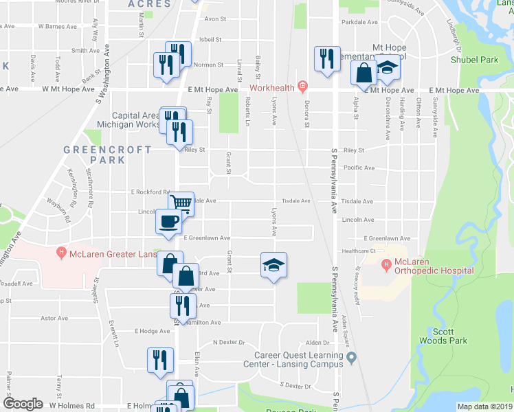 map of restaurants, bars, coffee shops, grocery stores, and more near 638 Tisdale Avenue in Lansing