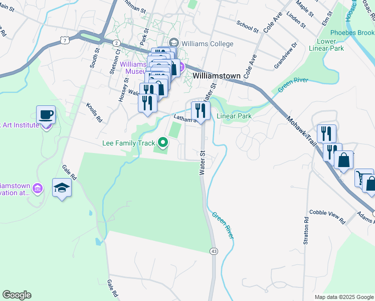 map of restaurants, bars, coffee shops, grocery stores, and more near 60 Meacham Street in Williamstown