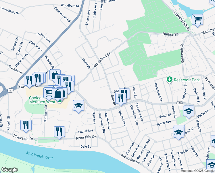 map of restaurants, bars, coffee shops, grocery stores, and more near 26 Elm Street in Methuen