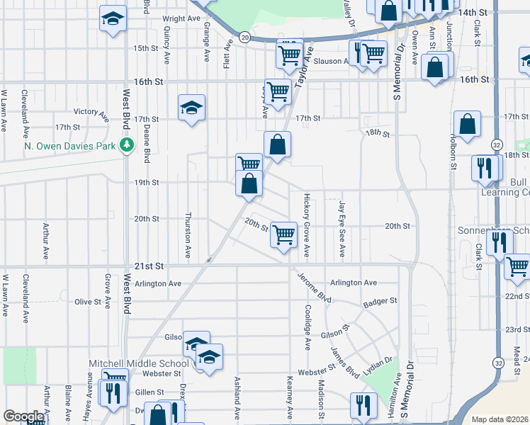 map of restaurants, bars, coffee shops, grocery stores, and more near 2508 20th Street in Racine