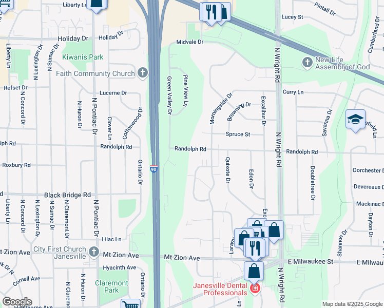 map of restaurants, bars, coffee shops, grocery stores, and more near 3200 Randolph Road in Janesville