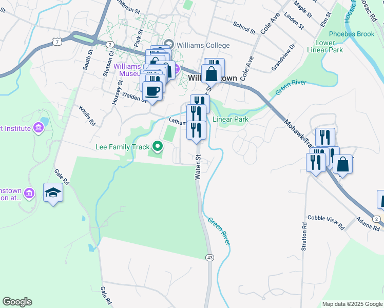map of restaurants, bars, coffee shops, grocery stores, and more near 60 Meacham Street in Williamstown