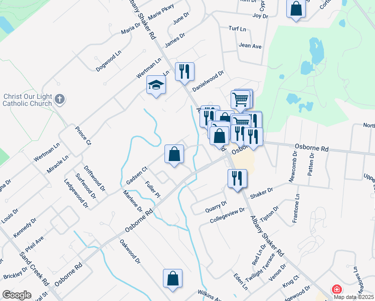 map of restaurants, bars, coffee shops, grocery stores, and more near 15 Anthony Lane in Albany