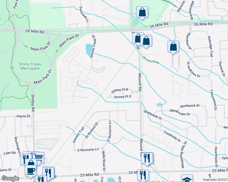 map of restaurants, bars, coffee shops, grocery stores, and more near 5541 Stoney Place North in Shelby Charter Township