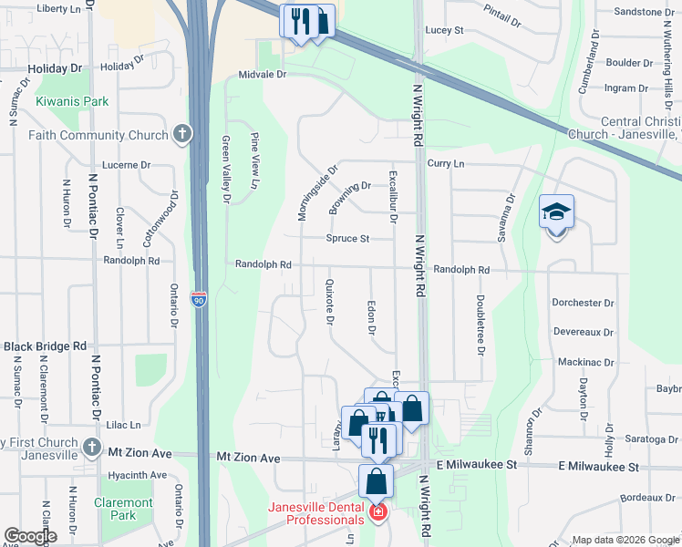 map of restaurants, bars, coffee shops, grocery stores, and more near 3402 Randolph Road in Janesville