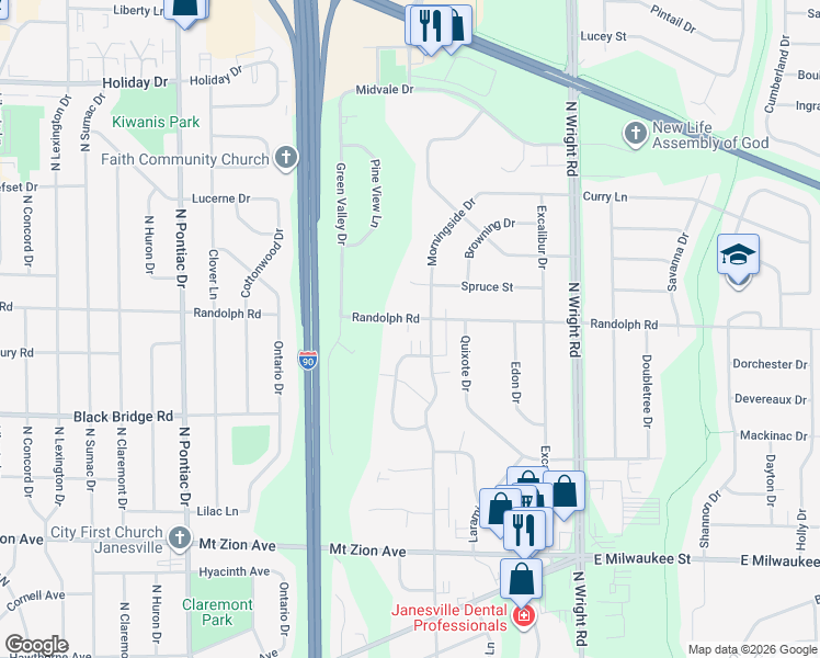 map of restaurants, bars, coffee shops, grocery stores, and more near 3226 Randolph Road in Janesville