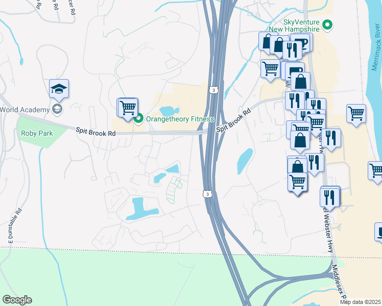 map of restaurants, bars, coffee shops, grocery stores, and more near 225 Brook Village Road in Nashua