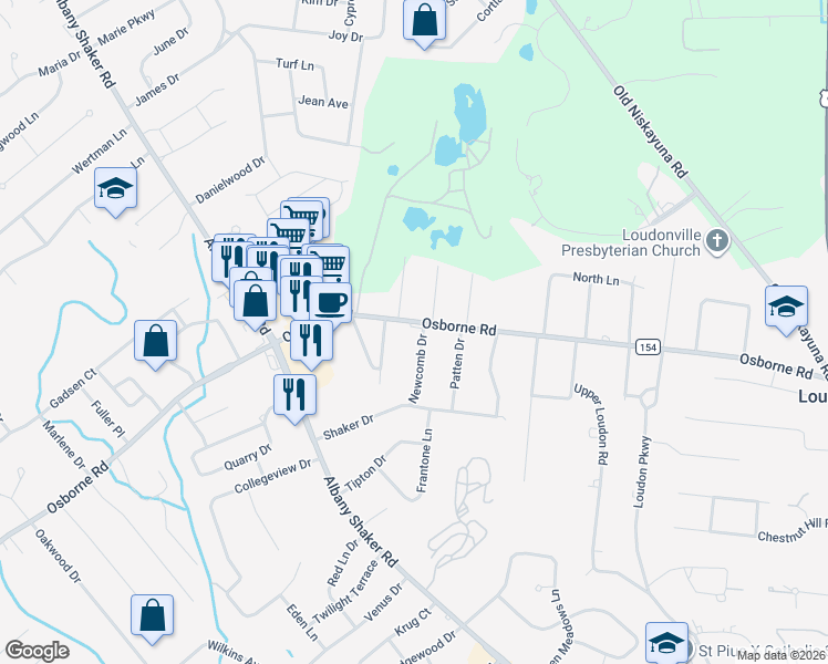 map of restaurants, bars, coffee shops, grocery stores, and more near 1 Newcomb Drive in Albany