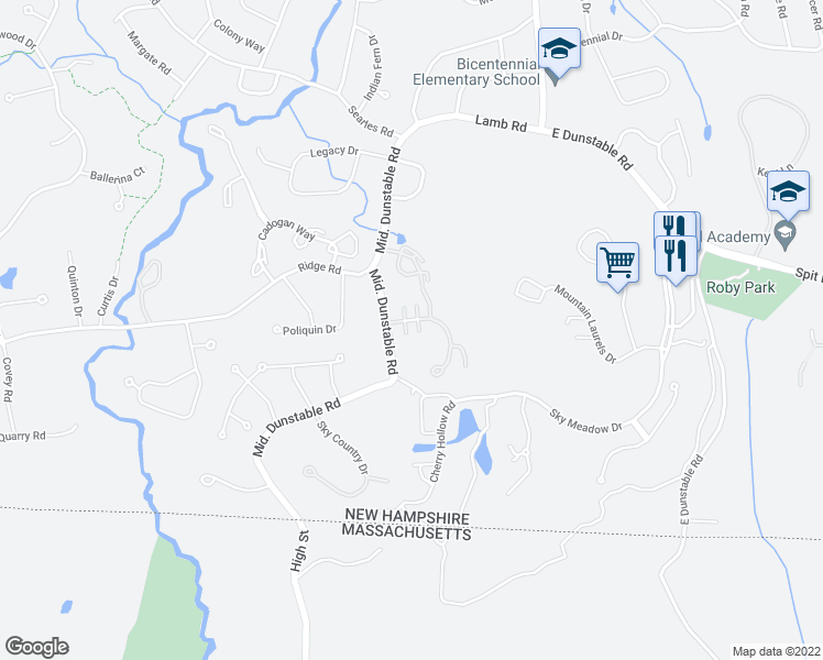 map of restaurants, bars, coffee shops, grocery stores, and more near 5 Georgetown Drive in Nashua