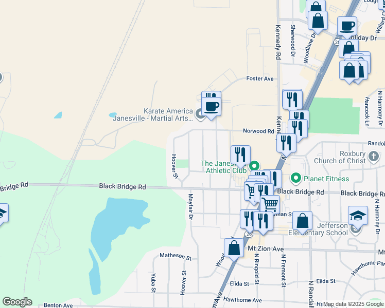 map of restaurants, bars, coffee shops, grocery stores, and more near 1828 Mayfair Drive in Janesville