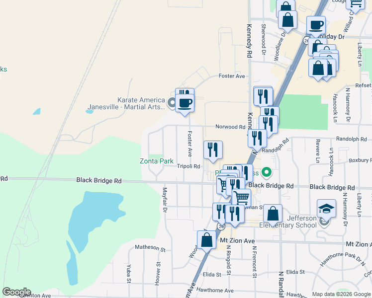 map of restaurants, bars, coffee shops, grocery stores, and more near 1901 Foster Avenue in Janesville