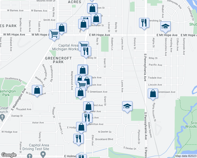 map of restaurants, bars, coffee shops, grocery stores, and more near 548 Tisdale Avenue in Lansing