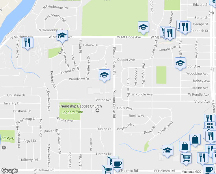 map of restaurants, bars, coffee shops, grocery stores, and more near 2525 Hampden Drive in Lansing