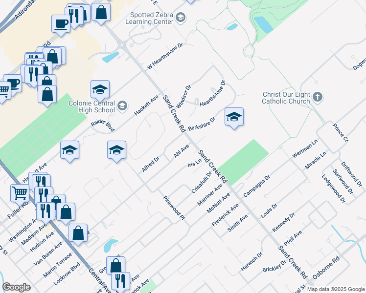 map of restaurants, bars, coffee shops, grocery stores, and more near 75 Ahl Avenue in Albany