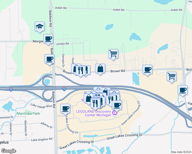 map of restaurants, bars, coffee shops, grocery stores, and more near 280 Brown Road in Auburn Hills