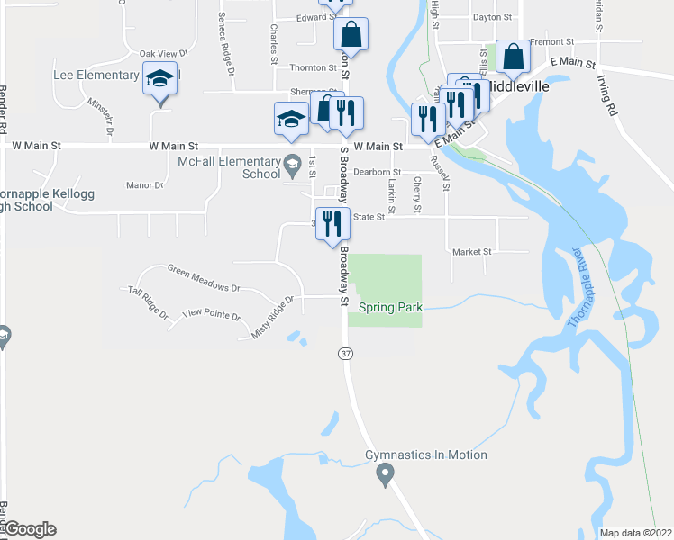 map of restaurants, bars, coffee shops, grocery stores, and more near 512 Broadway Street in Middleville