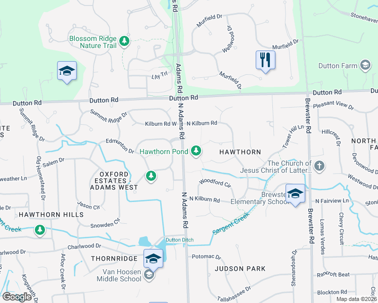 map of restaurants, bars, coffee shops, grocery stores, and more near 1824 Adams Road in Rochester Hills