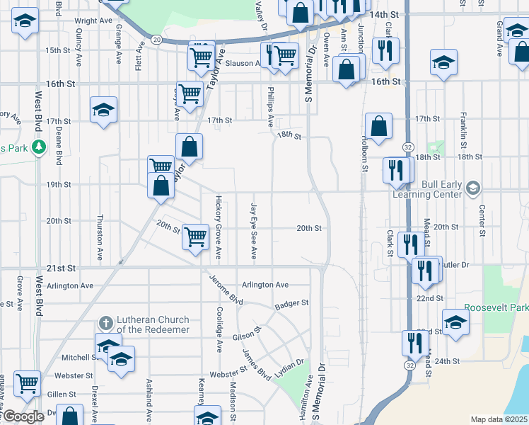 map of restaurants, bars, coffee shops, grocery stores, and more near 1928 Phillips Avenue in Racine