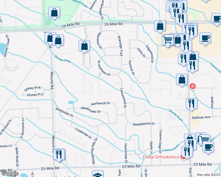 map of restaurants, bars, coffee shops, grocery stores, and more near 6801 Chianti Court in Macomb County