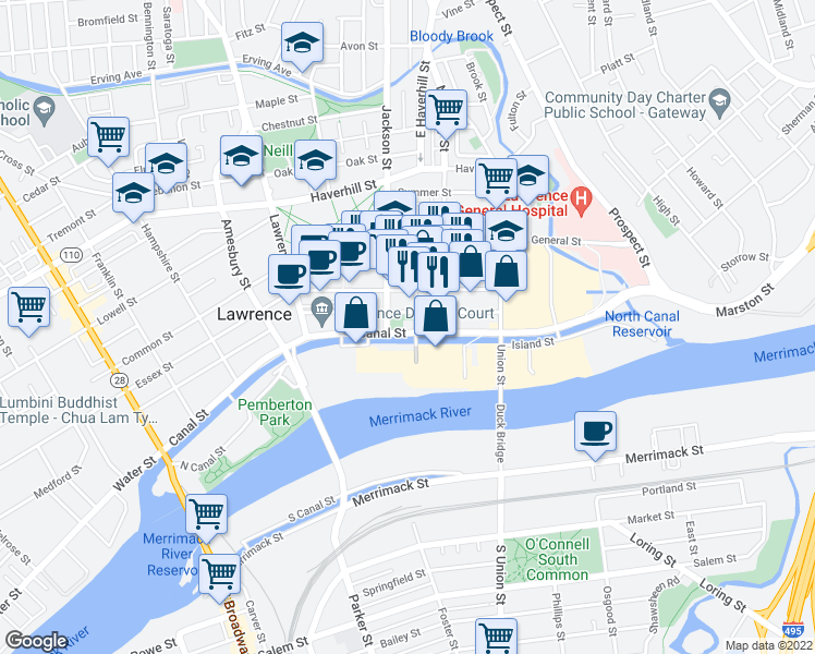 map of restaurants, bars, coffee shops, grocery stores, and more near 1 Mill Street in Lawrence