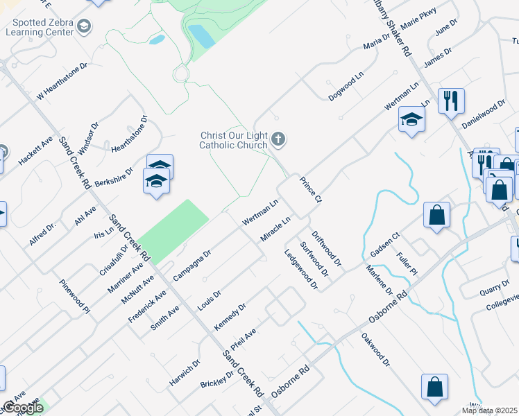 map of restaurants, bars, coffee shops, grocery stores, and more near 85 Wertman Lane in Albany