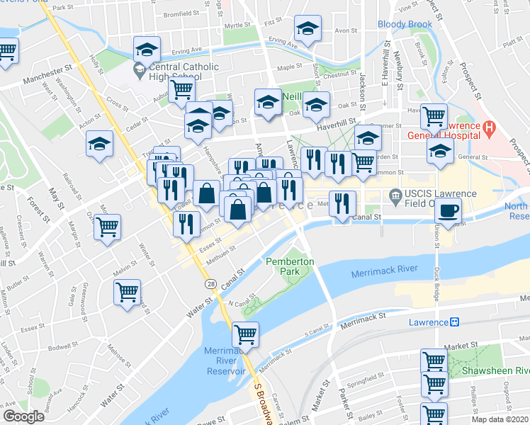map of restaurants, bars, coffee shops, grocery stores, and more near 445 Essex Street in Lawrence