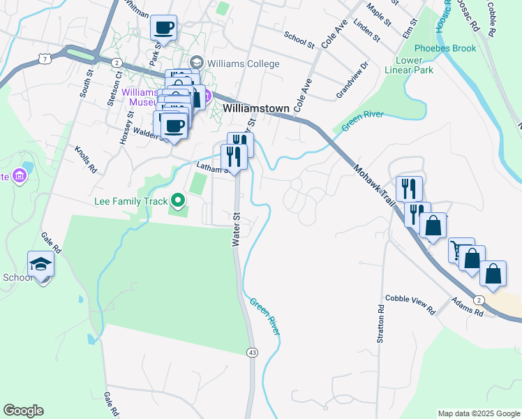 map of restaurants, bars, coffee shops, grocery stores, and more near 194 Water Street in Williamstown