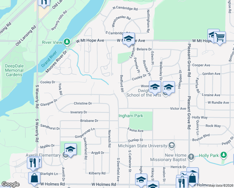 map of restaurants, bars, coffee shops, grocery stores, and more near 2600 South Deerfield Avenue in Lansing
