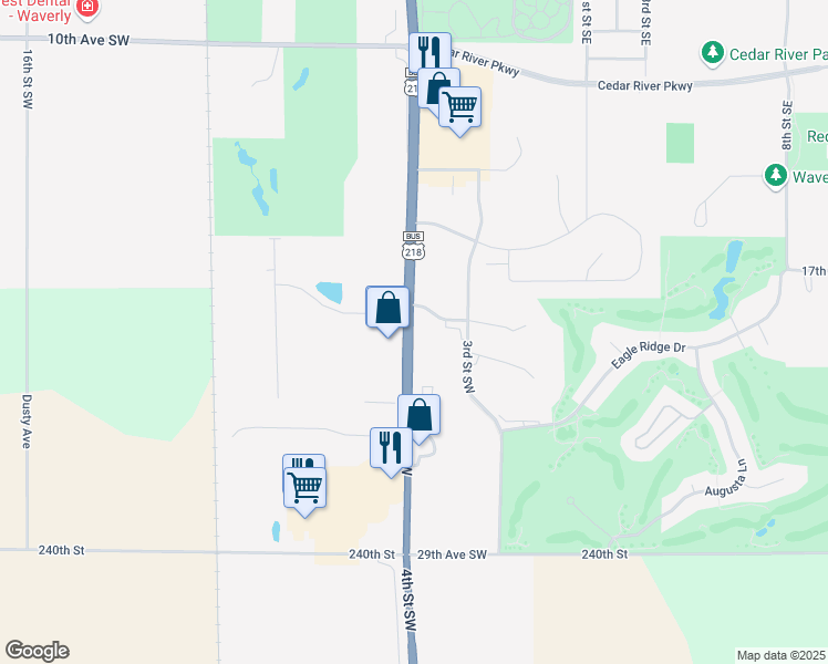 map of restaurants, bars, coffee shops, grocery stores, and more near 315 Oak Ridge Circle in Waverly