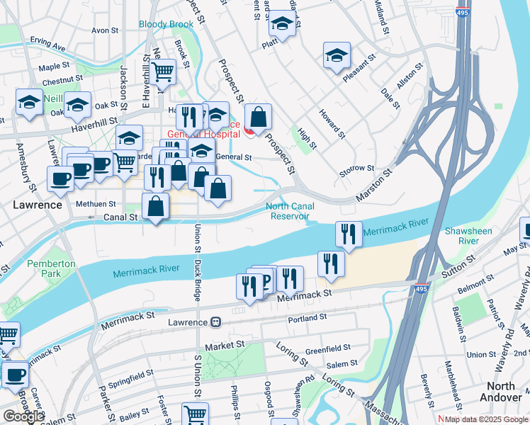 map of restaurants, bars, coffee shops, grocery stores, and more near 2 Island Street in Lawrence