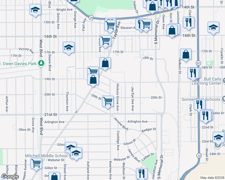 map of restaurants, bars, coffee shops, grocery stores, and more near 1936 Hickory Grove Avenue in Racine