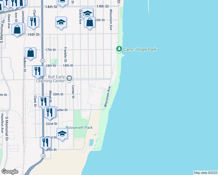 map of restaurants, bars, coffee shops, grocery stores, and more near 1916 Wisconsin Avenue in Racine