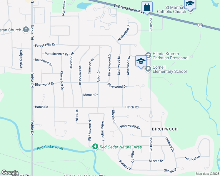 map of restaurants, bars, coffee shops, grocery stores, and more near 1399 Silverwood Drive in Okemos