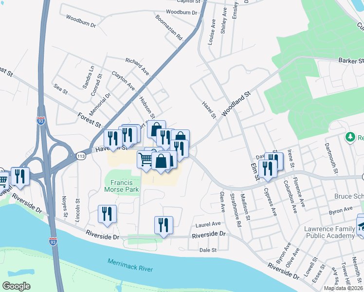 map of restaurants, bars, coffee shops, grocery stores, and more near 165 Haverhill Street in Methuen
