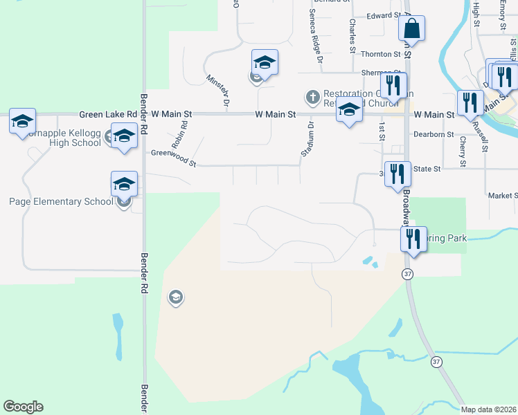 map of restaurants, bars, coffee shops, grocery stores, and more near 923 Green Meadows Drive in Middleville