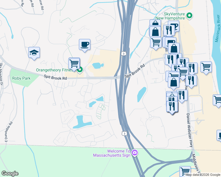 map of restaurants, bars, coffee shops, grocery stores, and more near 217 Brook Village Road in Nashua