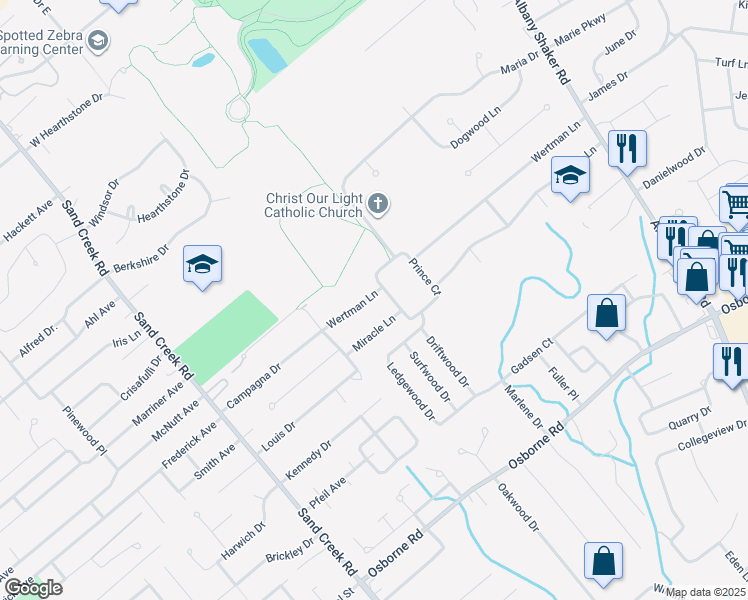 map of restaurants, bars, coffee shops, grocery stores, and more near 55 Miracle Lane in Albany