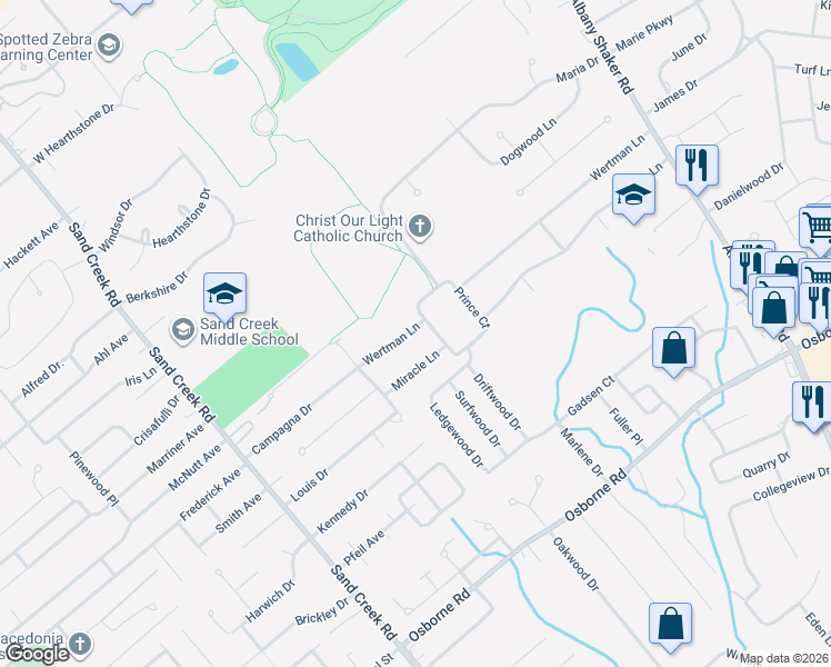 map of restaurants, bars, coffee shops, grocery stores, and more near 55 Miracle Lane in Albany