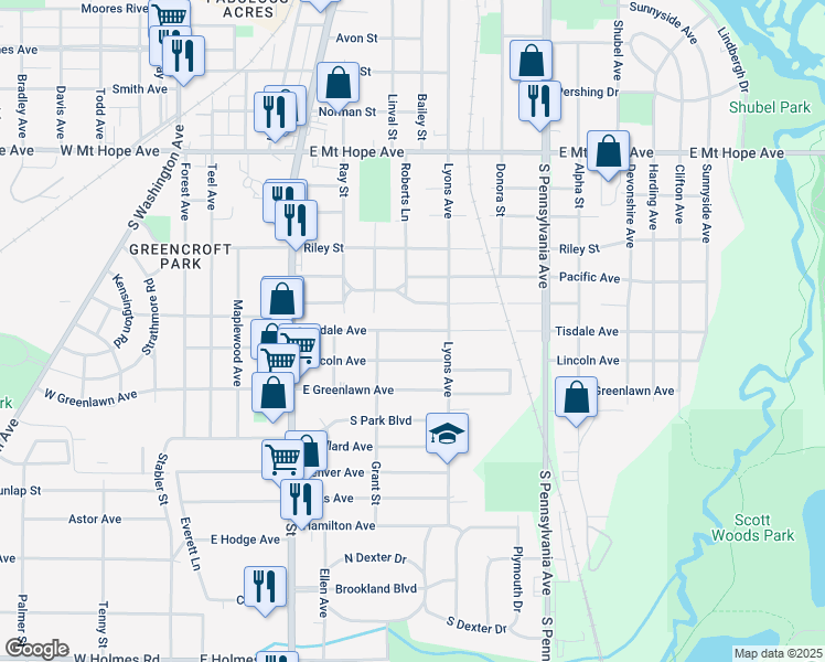 map of restaurants, bars, coffee shops, grocery stores, and more near 638 Tisdale Avenue in Lansing