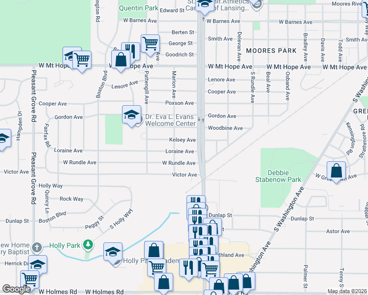 map of restaurants, bars, coffee shops, grocery stores, and more near 1125 Loraine Avenue in Lansing