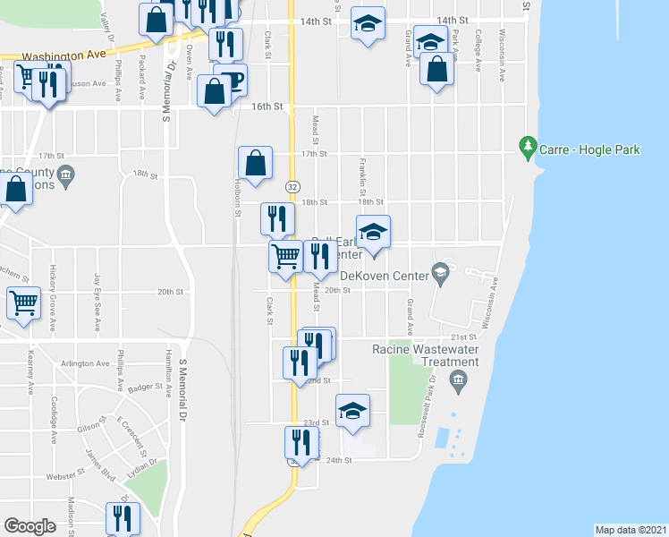 map of restaurants, bars, coffee shops, grocery stores, and more near 1932 Howe Street in Racine