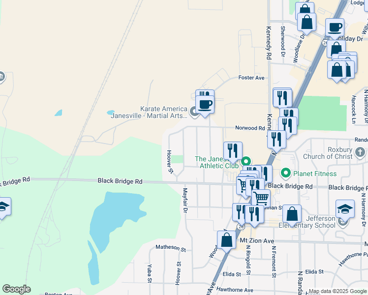 map of restaurants, bars, coffee shops, grocery stores, and more near 1828 Mayfair Drive in Janesville